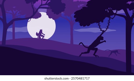 Two Monkeys Who Ran Away Because They Saw The Appearance of a Werewolf - Beautiful 2D Landscape Silhouette Wallpaper