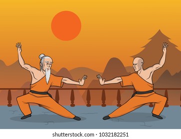 Two monks practicing kung fu or wushu, Shaolin monastery. Chinese martial art. Vector illustration.