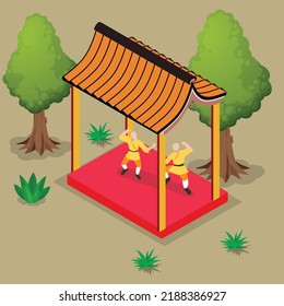 Two monks practicing kung fu isometric 3d vector illustration concept for banner, website, illustration, landing page, flyer, etc.