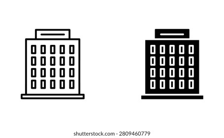 Two monochromatic building icons displaying line art and solid silhouette styles for professional architectural, real estate, and urban planning interface design projects.