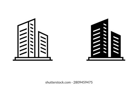 Two monochromatic city building icons shown in outline and solid styles, designed for commercial web navigation, urban architecture branding, and real estate maps.