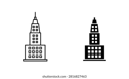 Two monochromatic high-rise skyscraper icons featuring line art and solid silhouette styles for professional urban architecture, city planning, and real estate projects.
