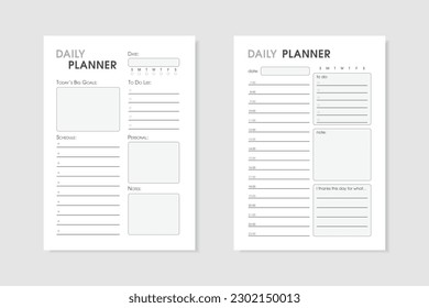 Two monochrome daily planners in same style. Simple minimalist design of organizer schedule page with to do list for day for effective planning