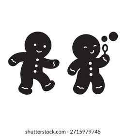 Duas figuras monocromáticas de gengibre, uma acenando e outra alegremente soprando bolhas, criando uma cena festiva.