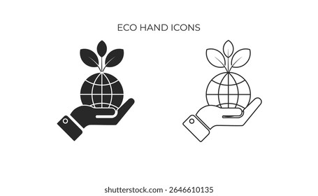 Two monochrome icons: a solid and an outline hand cradling a globe with a sprouting plant, symbolizing global sustainability and environmental care.