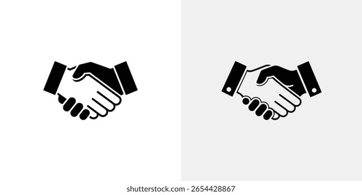 Zwei monochrome Illustrationen mit stilisierten Handshakes auf geteiltem hellgrauem Hintergrund, die Zusammenarbeit, Vereinbarung und professionelle Partnerschaften, Geschäftskonzepte symbolisieren।