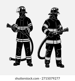 Two monochrome illustrations of firefighters in full protective gear, including helmets and fire hoses, depicted in a stylized vector art style, ready for emergency response.
