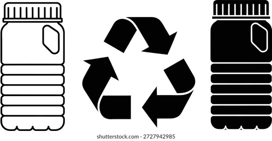 Duas garrafas plásticas monocromáticas, um contorno e um sólido, flanqueiam um símbolo de reciclagem sólido nesta imagem vetorial enfatizando a consciência ambiental e o gerenciamento de recursos.