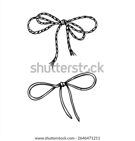 Two monochrome vector bows made of rope and braided cord. Jute bow clip art painted by black inks. Decorative hand drawn elements for packaging design, wedding invitations, birthday decor.