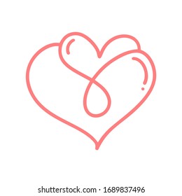 Two monoline flourish red lovers heart logos. Valentine card handmade vector calligraphy. Decor for greeting card, photo overlays, t-shirt print, flyer, poster design.