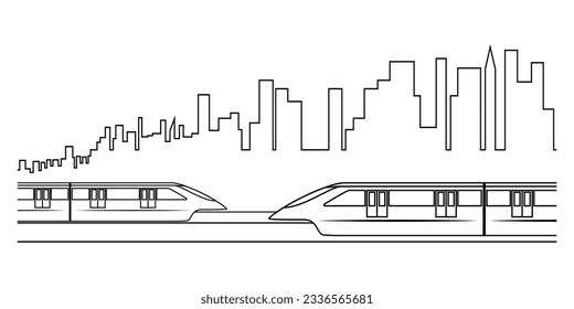 Two monorail sky train in opposite each other direction background with high rise buildings city view drawing in black and white cartoon vector