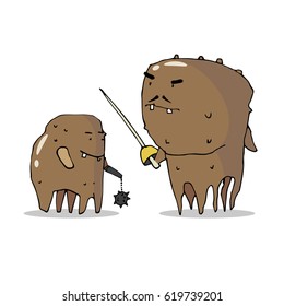 Two monster brown color. The sword in his hand. Evil germs