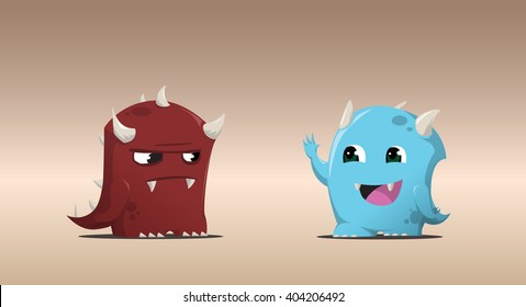 two monster, the evil and the good, sweet and gloomy monster, stylized work, blue and red, hello