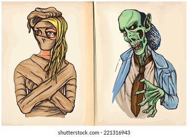 Two Monsters - An hand drawn and painting halloween illustrations. Description: Each drawing comprise of two (or three) layers of lines plus colored layer, the background is also isolated.