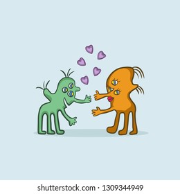 Two monsters hug and confess their love vector illustration