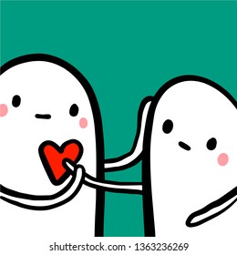 Two monsters touching each other hand drawn illustration in white green black and red colors