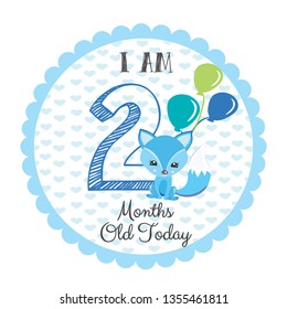 I am two months old - Baby Milestone card. Cute design with a blue background and with a cute fox and balloons. 