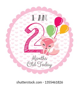 I am two months old today - Baby Milestone card. Cute design with a pink background and with a baby fox and Balloons. 