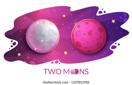Two Moons, mystical phenomenon on the starry sky background. Vector illustration