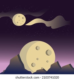 Two moons on the planet with starry purple night sky.