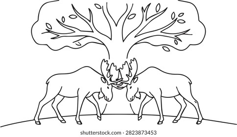 Two moose fighting with locked antlers under a tree illustration, fighting