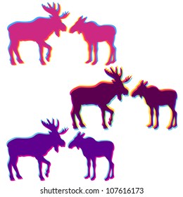 Two moose love silhouettes set, with multicolor stereo effect