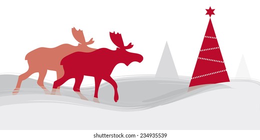 Two Moose Run Together In A Wintry Landscape At Christmas. Red And Silver Silhouette With Painted Elements