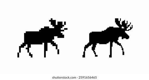 Two moose silhouettes with large antlers walking side by side, emphasizing their unique profiles.