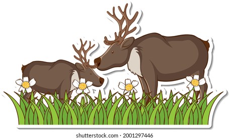 Two moose standing in grass field sticker illustration