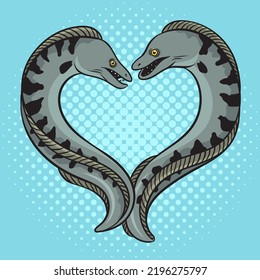 two moray eels fishes in the shape of heart pop art retro vector illustration. Comic book style imitation.