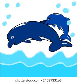 Two mother dolphins are happy.  playing in the sea waves  vector illustration  sea, aquatic life, blue sea