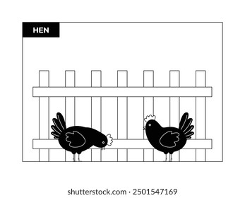 Two mother hens are in the cage, black and white, outline, vector illustration of birds.