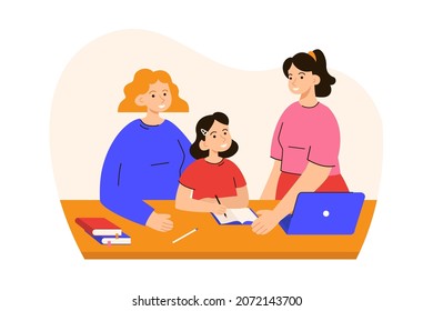 Two mothers helping daughter with a homework. LGBTQ family. Learning, studying process at home. Education, homeschooling concept. Modern flat vector illustration