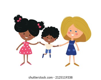 Two Mothers Are Walking With A Child. African American Mother With Son. International Family. Vector Illustration.