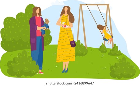 Two mothers watching children at the playground. Woman holds a toy, another child swings. Family, parenting, and outdoor activities vector illustration.