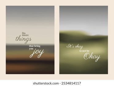 Two motivational posters with calming landscapes. One reads 'Do more things that bring you joy,' the other 'It's okay to not be okay.' Aesthetic inspirational quote poster template vectors.