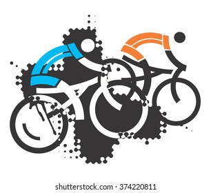 Two mountain bikers. Two stylized  mountain bikers on the grunge abstract background. Vector available. 