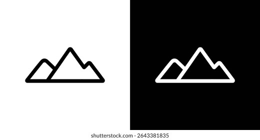 Two mountain icons are displayed, one with black lines on a white background and the other in white lines on a black background, minimalist style illustration.