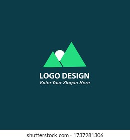 The two mountain icons are green with a white sun in the middle. Nature and mountain design logos.
