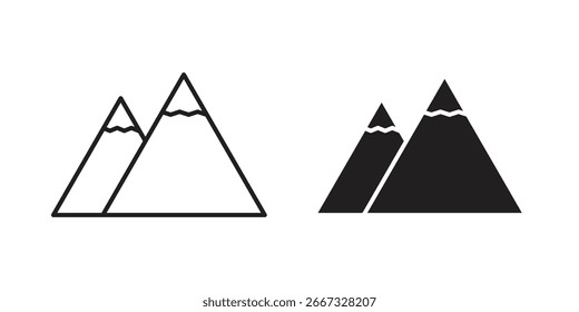 Two mountain icons: one line art, one solid black. Isolated on white.