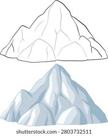 Two mountain peak illustrations including a black line drawing and a shaded blue-grey version