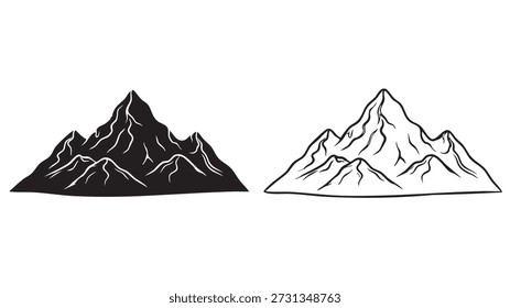 Two mountain ranges with snow and peaks in black and white illustration