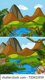 Two mountain scenes with river illustration