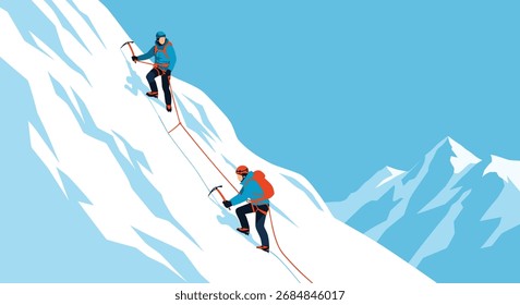 Two mountaineers with ice axes and backpacks climb a challenging snowy mountain face.