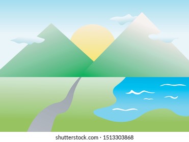 Two Mountains With Sun and Lake Vector Illustration
