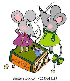 Two mouse and a book, vector, colored, illustration, for card or gift. 