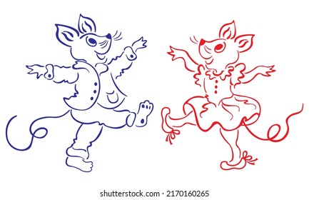 Dos Ratones, Un Niño Y Una Niña Están Bailando Ilustración Vectorial

