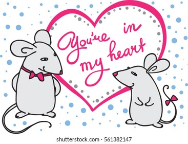 Two mouse in love heart Valentine's Day card lettering vector