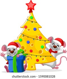Two mouses with a Christmas tree made of cheese on a white background. Christmas characters