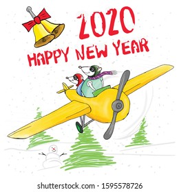 Two mouses on a plane bring the New Year 2020. Illustration of mouses for the New Year.